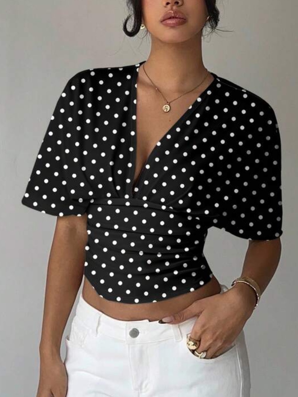 Polka Dot V-Neck Puff Sleeve Crop Top - Black